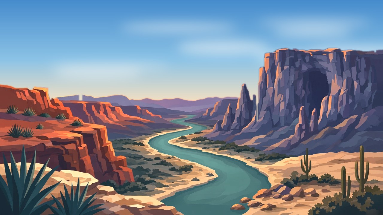 A turquoise river winding through a desert canyon under a clear daytime sky